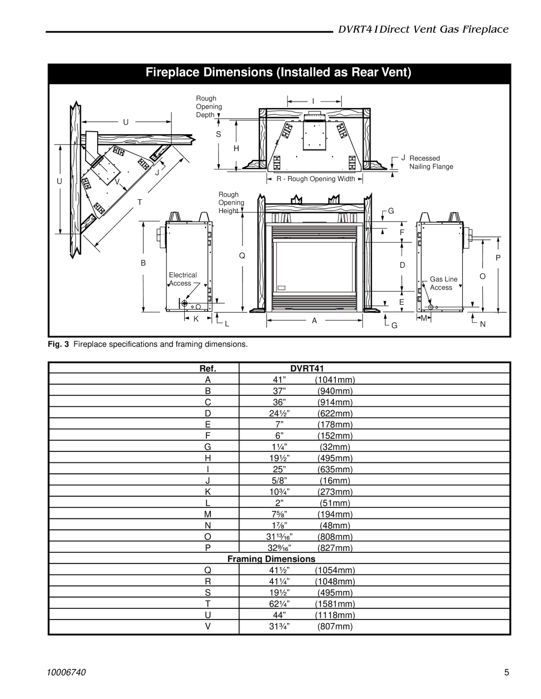 Vermont Casting DVRT41 manual Fireplace Dimensions Installed as Rear Vent 