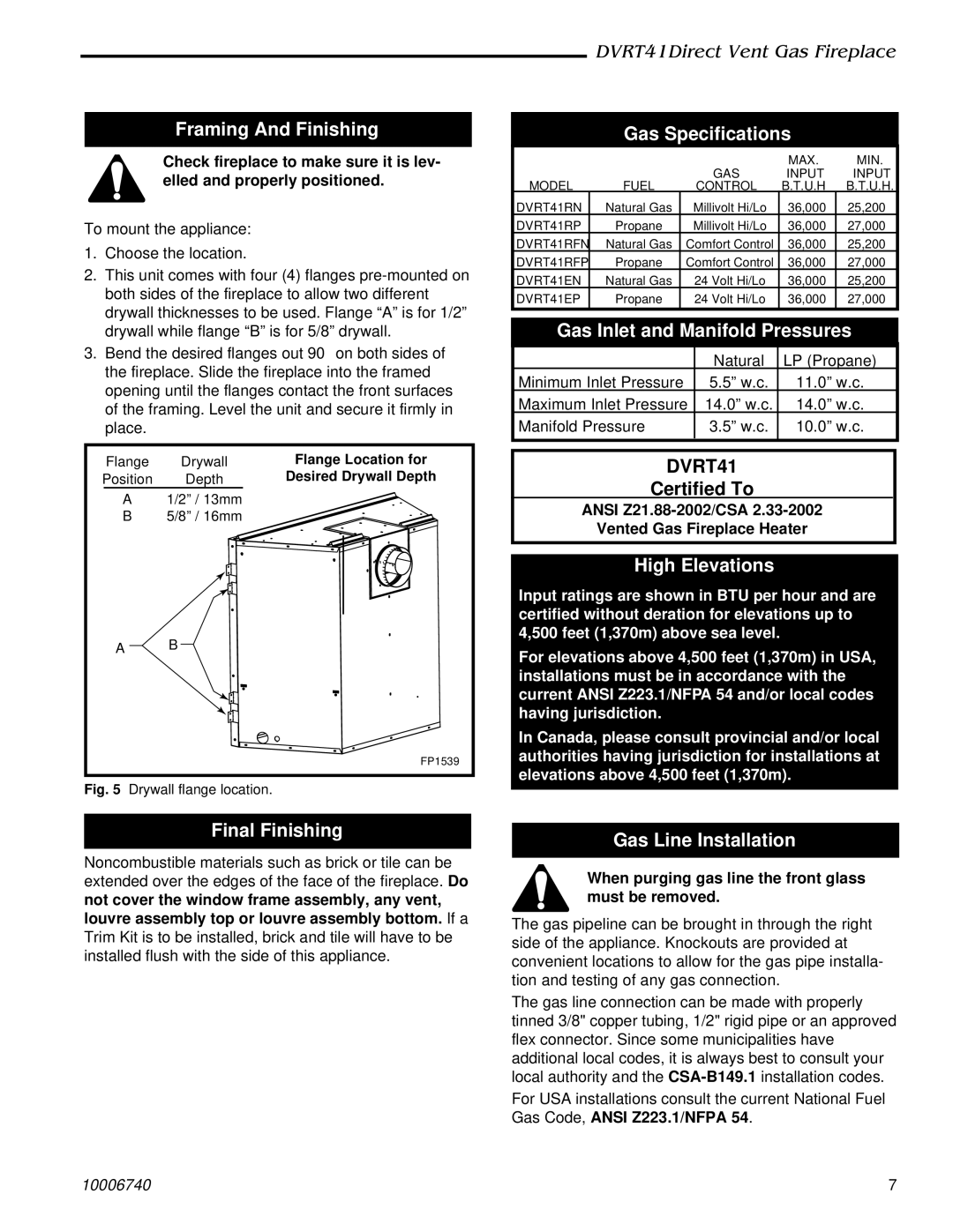 Vermont Casting DVRT41 manual Framing And Finishing, Gas Specifications, Gas Inlet and Manifold Pressures, High Elevations 