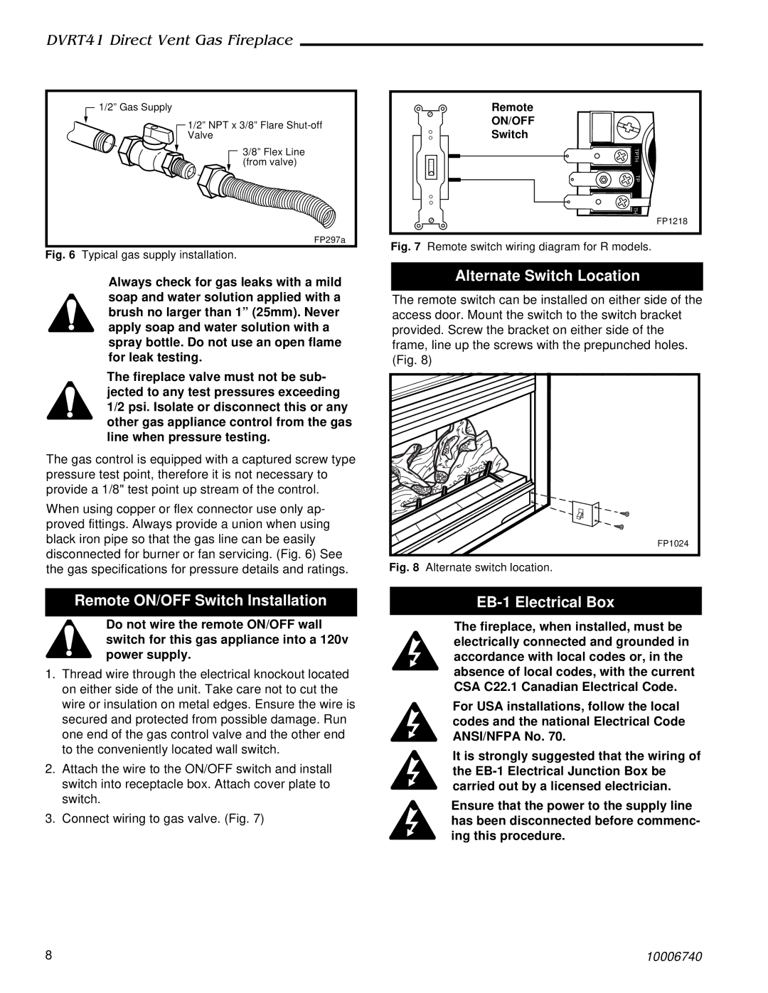 Vermont Casting DVRT41 manual Alternate Switch Location, Remote ON/OFF Switch Installation, EB-1 Electrical Box 