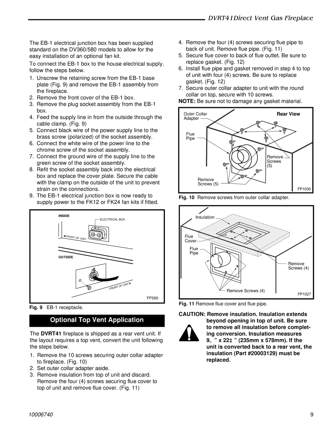 Vermont Casting DVRT41 manual Optional Top Vent Application, EB-1 receptacle 