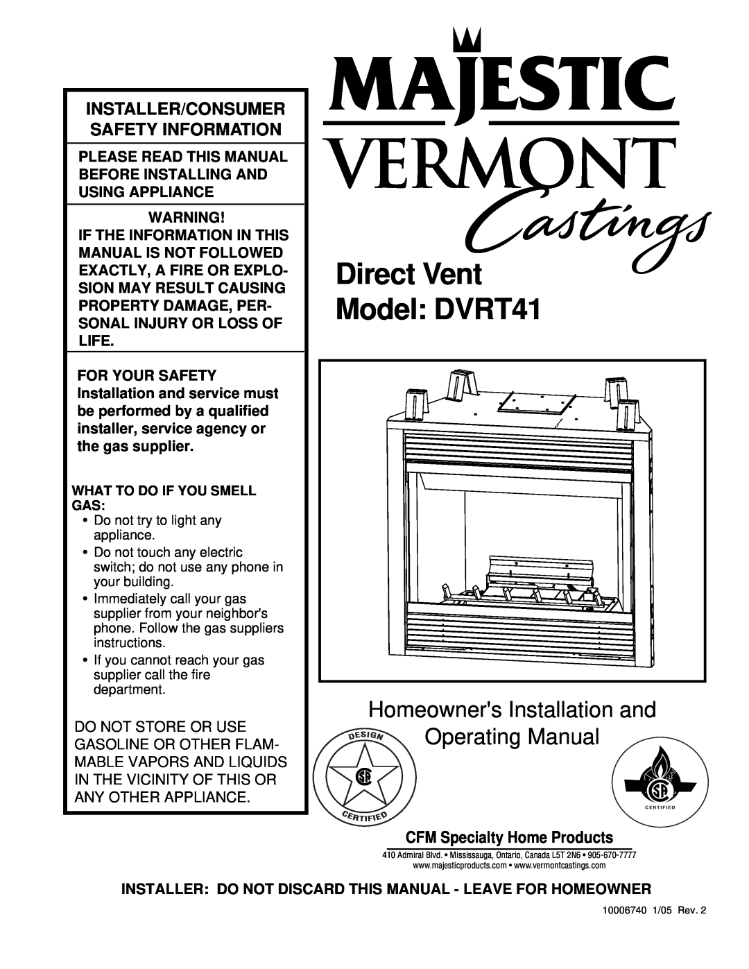Vermont Casting manual Direct Vent Model DVRT41, CFM Specialty Home Products, Homeowners Installation and 