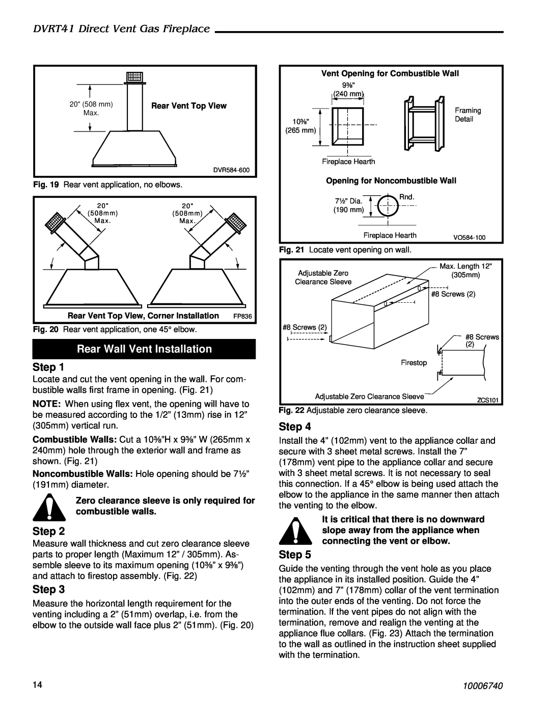 Vermont Casting manual Rear Wall Vent Installation, DVRT41 Direct Vent Gas Fireplace, Step, 10006740 