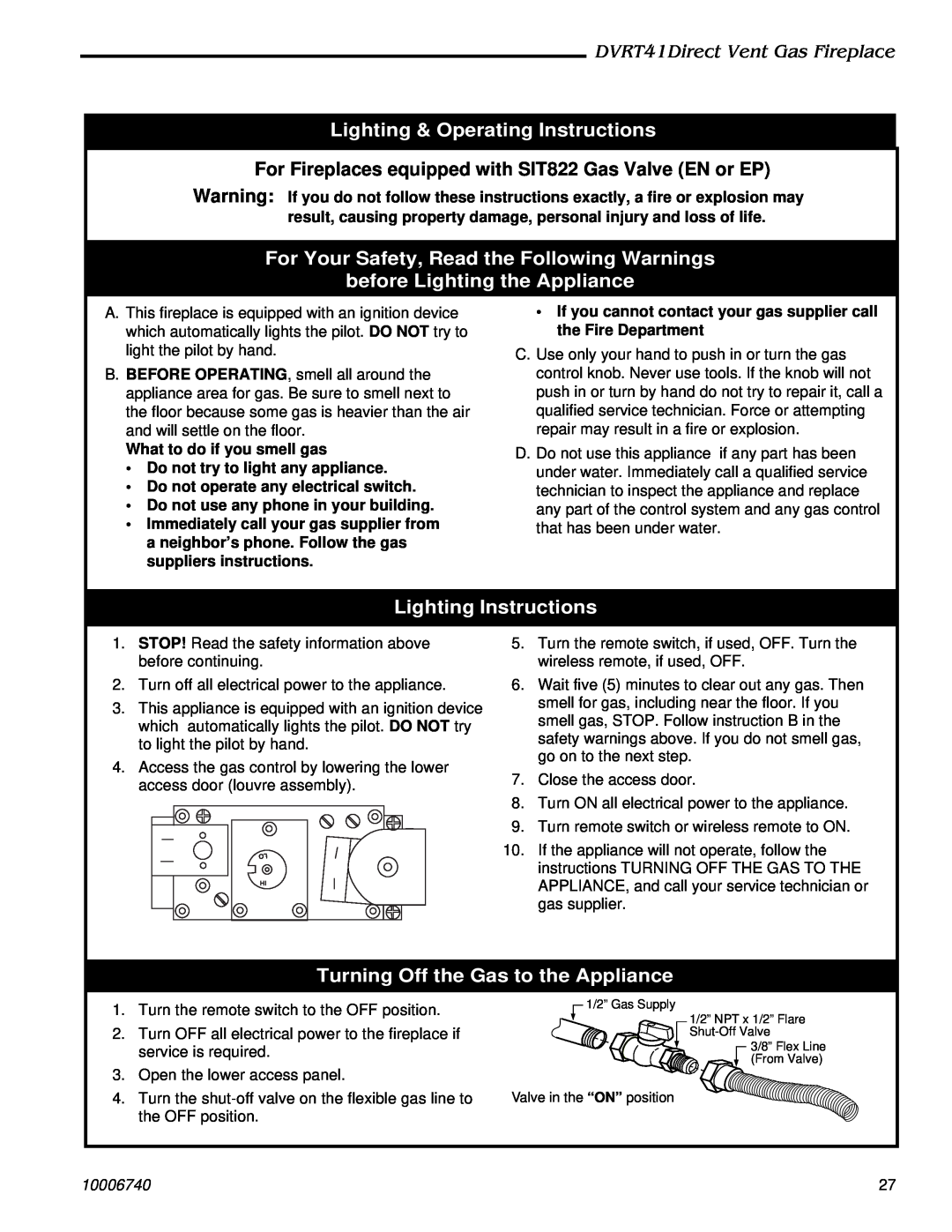 Vermont Casting DVRT41 manual Lighting & Operating Instructions, For Your Safety, Read the Following Warnings, 10006740 