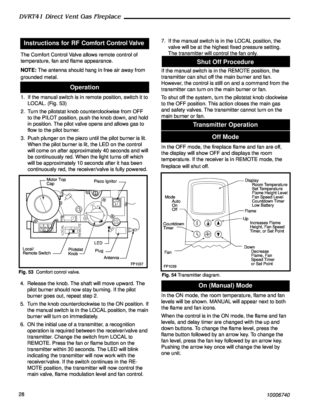Vermont Casting DVRT41 Instructions for RF Comfort Control Valve, Operation, Shut Off Procedure, On Manual Mode, 10006740 