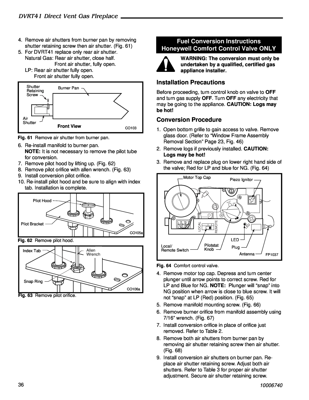 Vermont Casting DVRT41 manual Fuel Conversion Instructions, Honeywell Comfort Control Valve ONLY, Installation Precautions 