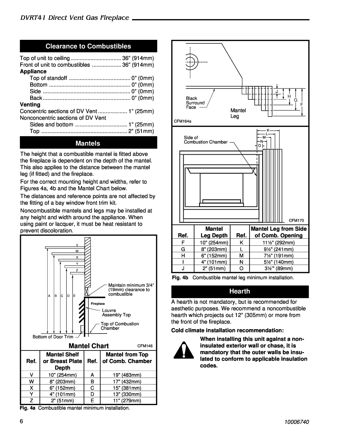 Vermont Casting manual Clearance to Combustibles, Mantels, Hearth, DVRT41 Direct Vent Gas Fireplace, 10006740 