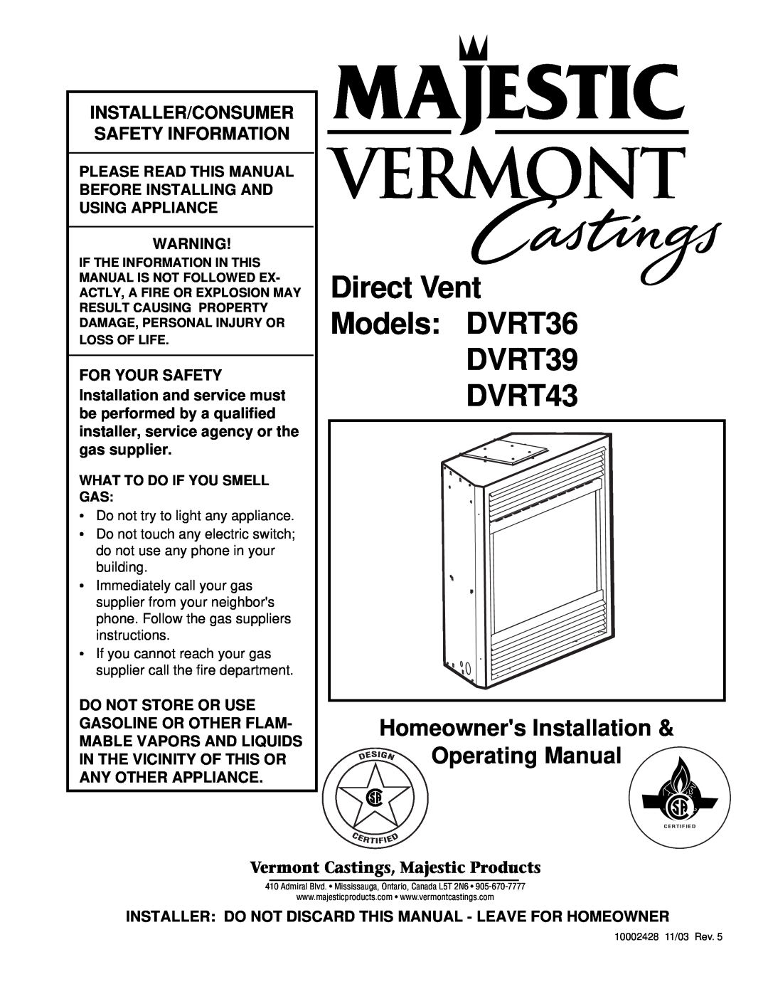Vermont Casting manual Direct Vent Models DVRT36 DVRT39 DVRT43, Homeowners Installation, Operating Manual 