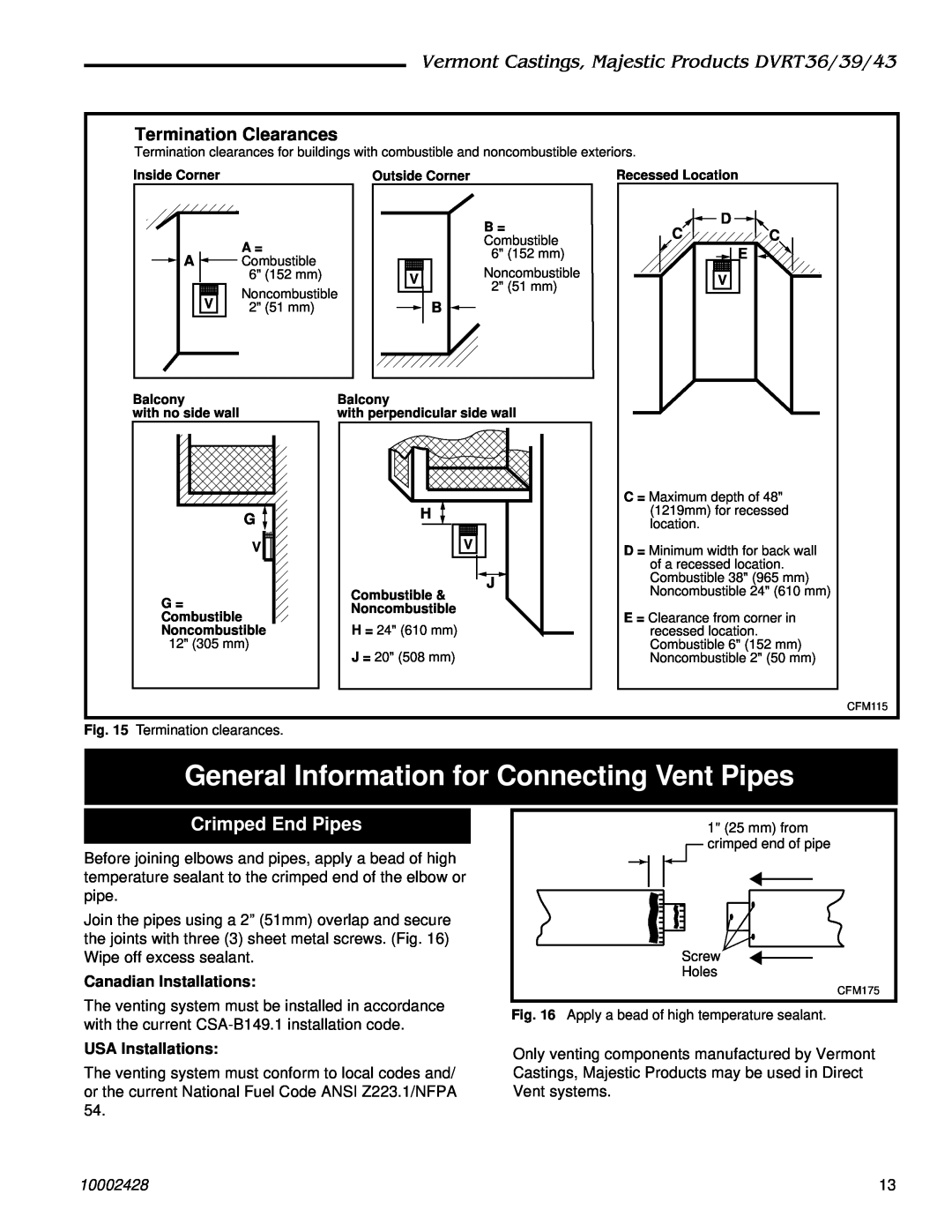 Vermont Casting DVRT36, DVRT43, DVRT39 manual General Information for Connecting Vent Pipes, Crimped End Pipes, 10002428 