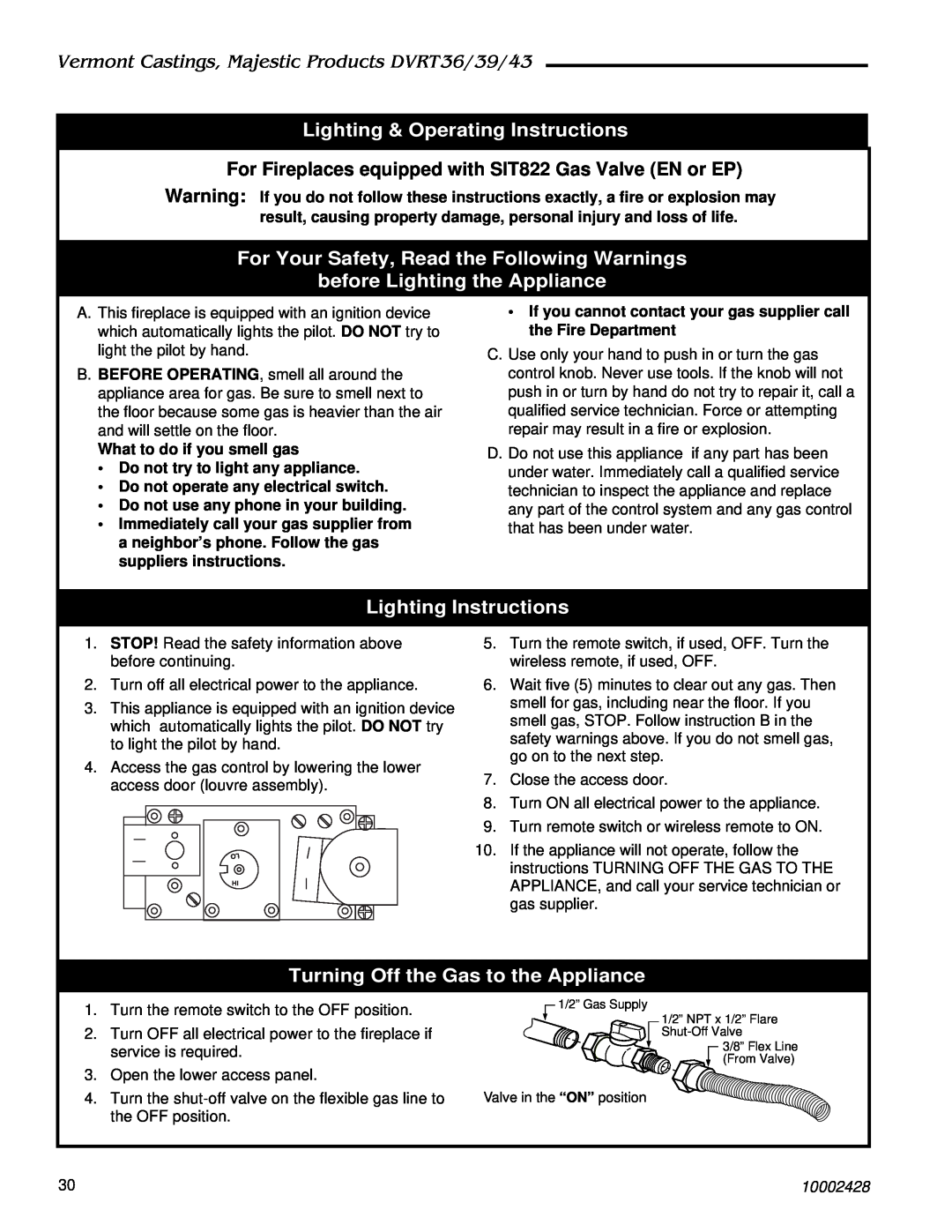 Vermont Casting DVRT43 For Your Safety, Read the Following Warnings, before Lighting the Appliance, Lighting Instructions 