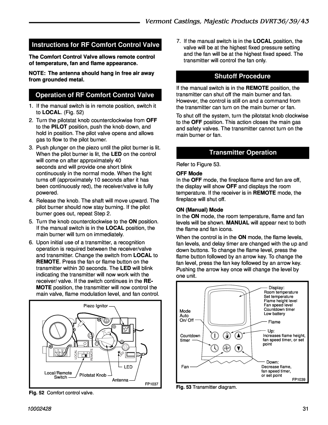Vermont Casting DVRT36 Instructions for RF Comfort Control Valve, Operation of RF Comfort Control Valve, Shutoff Procedure 