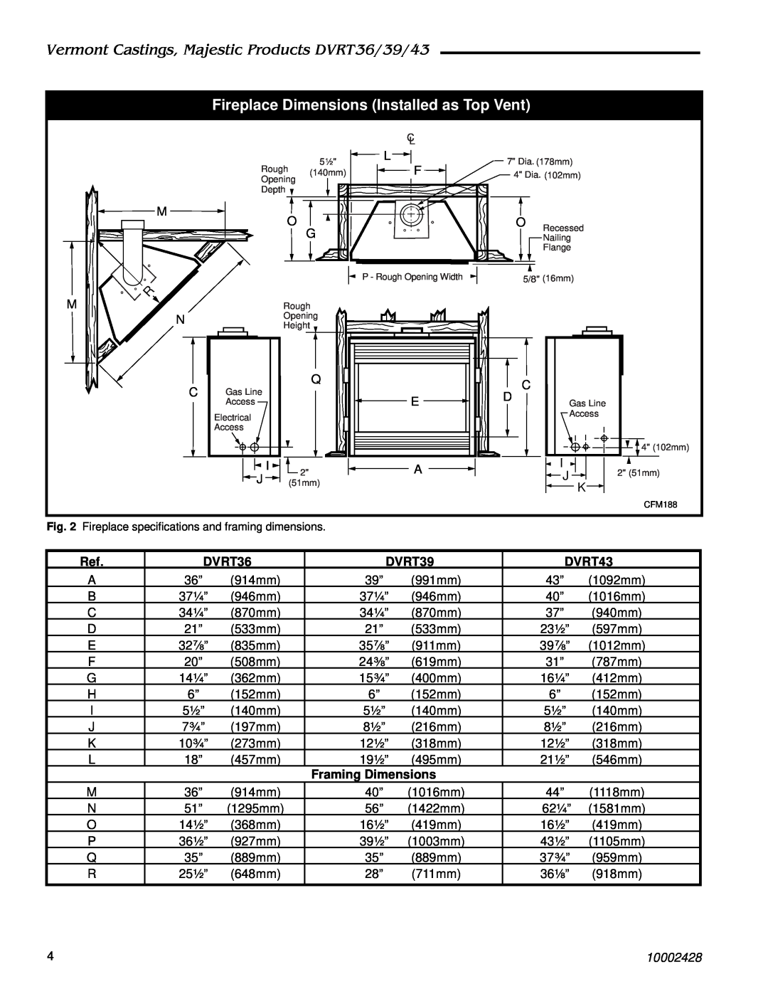 Vermont Casting Fireplace Dimensions Installed as Top Vent, Vermont Castings, Majestic Products DVRT36/39/43, DVRT39 
