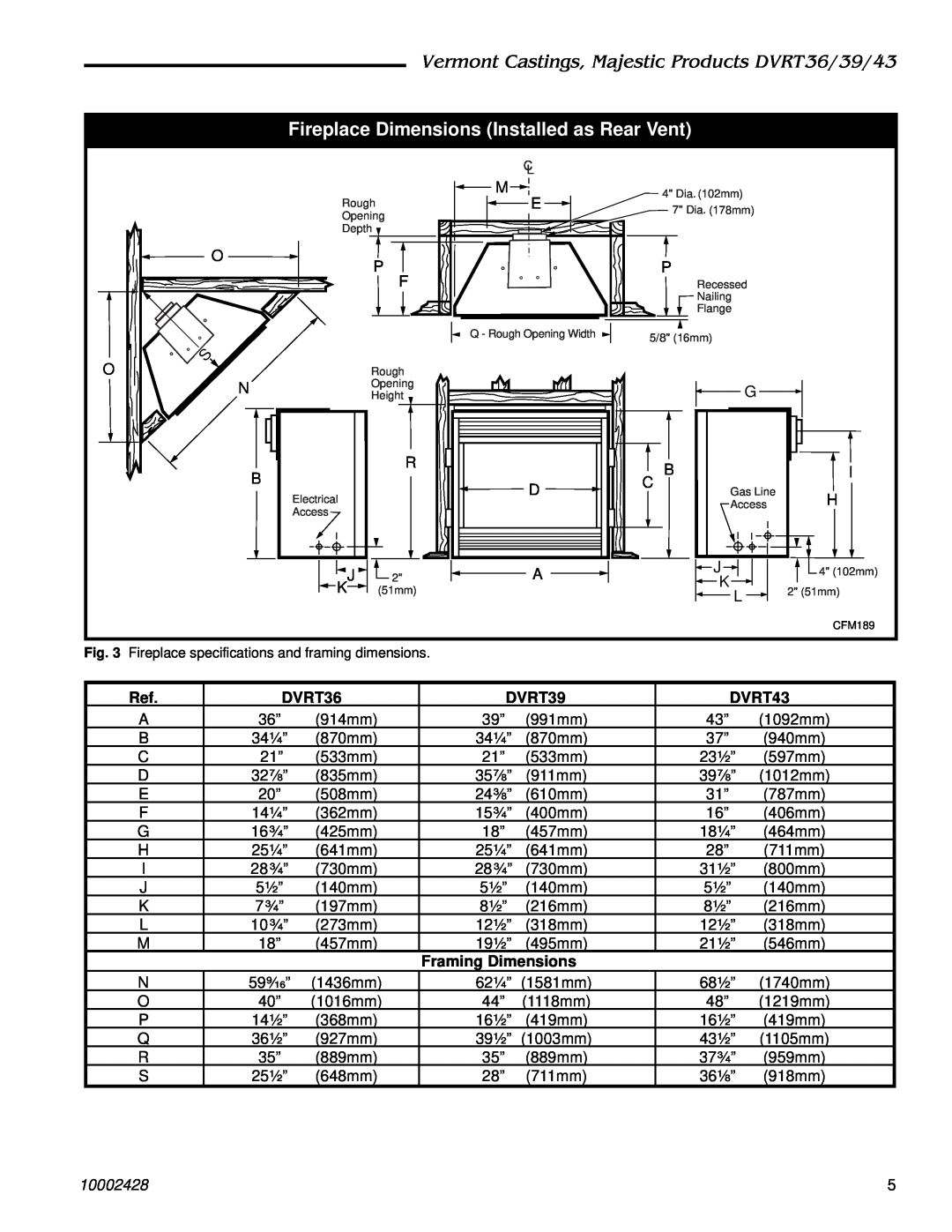 Vermont Casting DVRT39 manual Fireplace Dimensions Installed as Rear Vent, Vermont Castings, Majestic Products DVRT36/39/43 