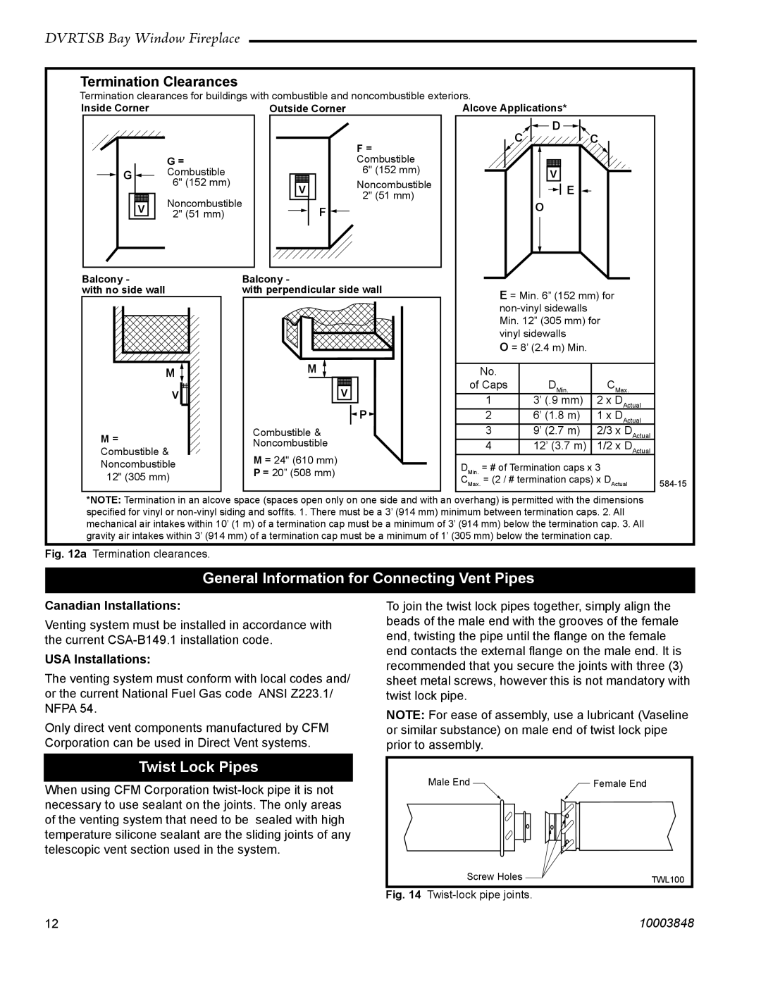 Vermont Casting DVRTSB manual General Information for Connecting Vent Pipes, Twist Lock Pipes, Canadian Installations 