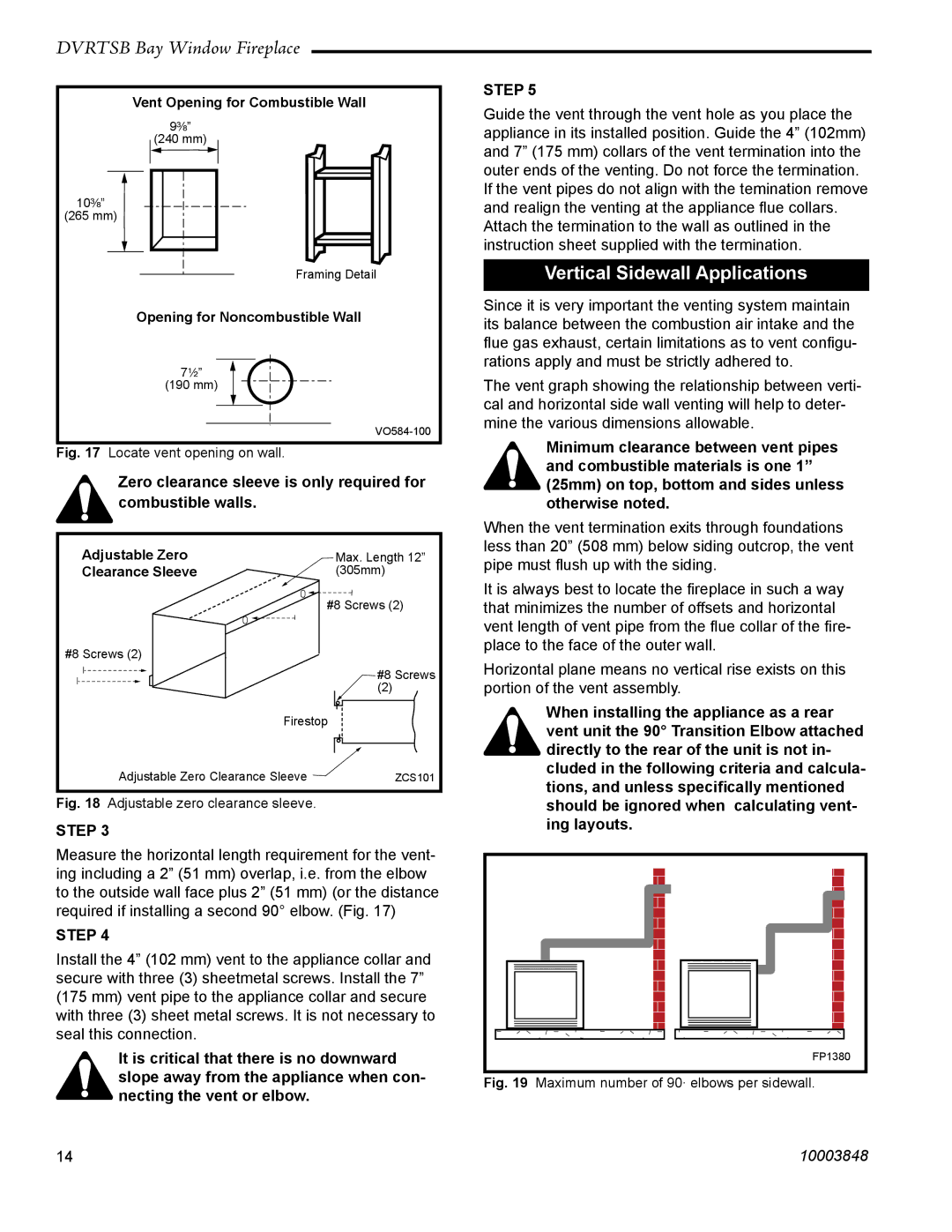 Vermont Casting DVRTSB manual Vertical Sidewall Applications, Zero clearance sleeve is only required for combustible walls 