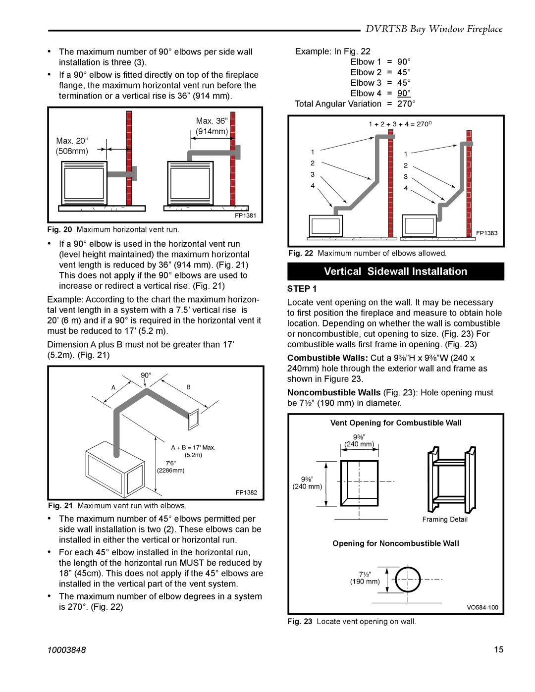 Vermont Casting DVRTSB manual Vertical Sidewall Installation, Maximum vent run with elbows 