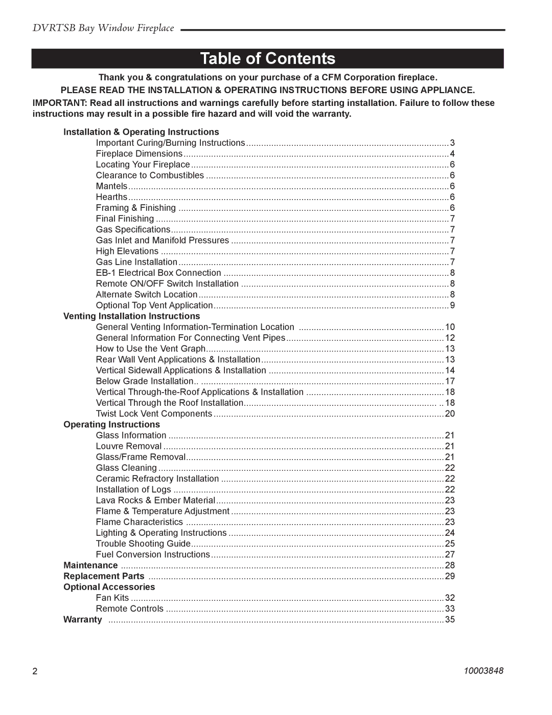 Vermont Casting DVRTSB manual Table of Contents 