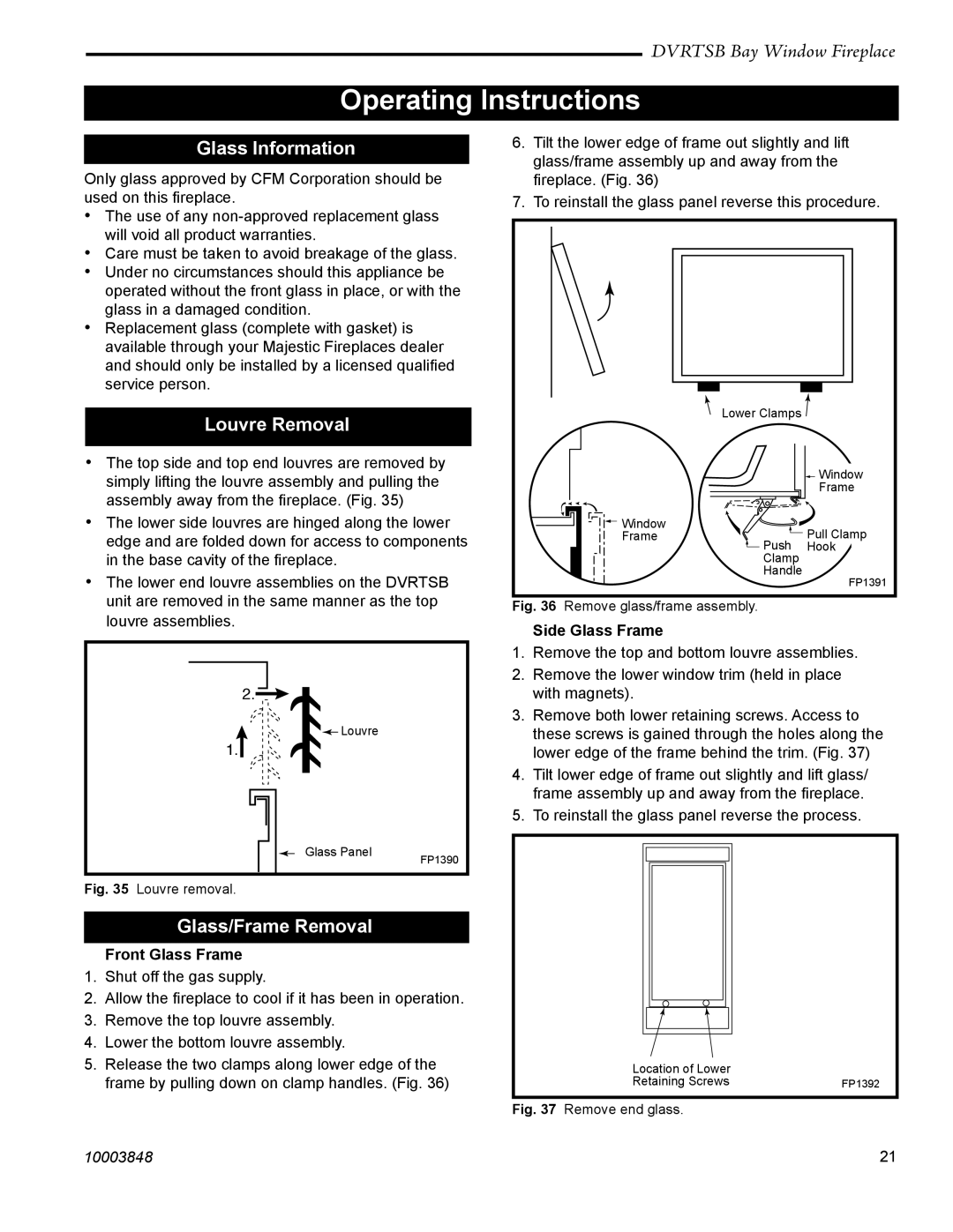 Vermont Casting DVRTSB manual Glass Information, Louvre Removal, Glass/Frame Removal, Side Glass Frame, Front Glass Frame 