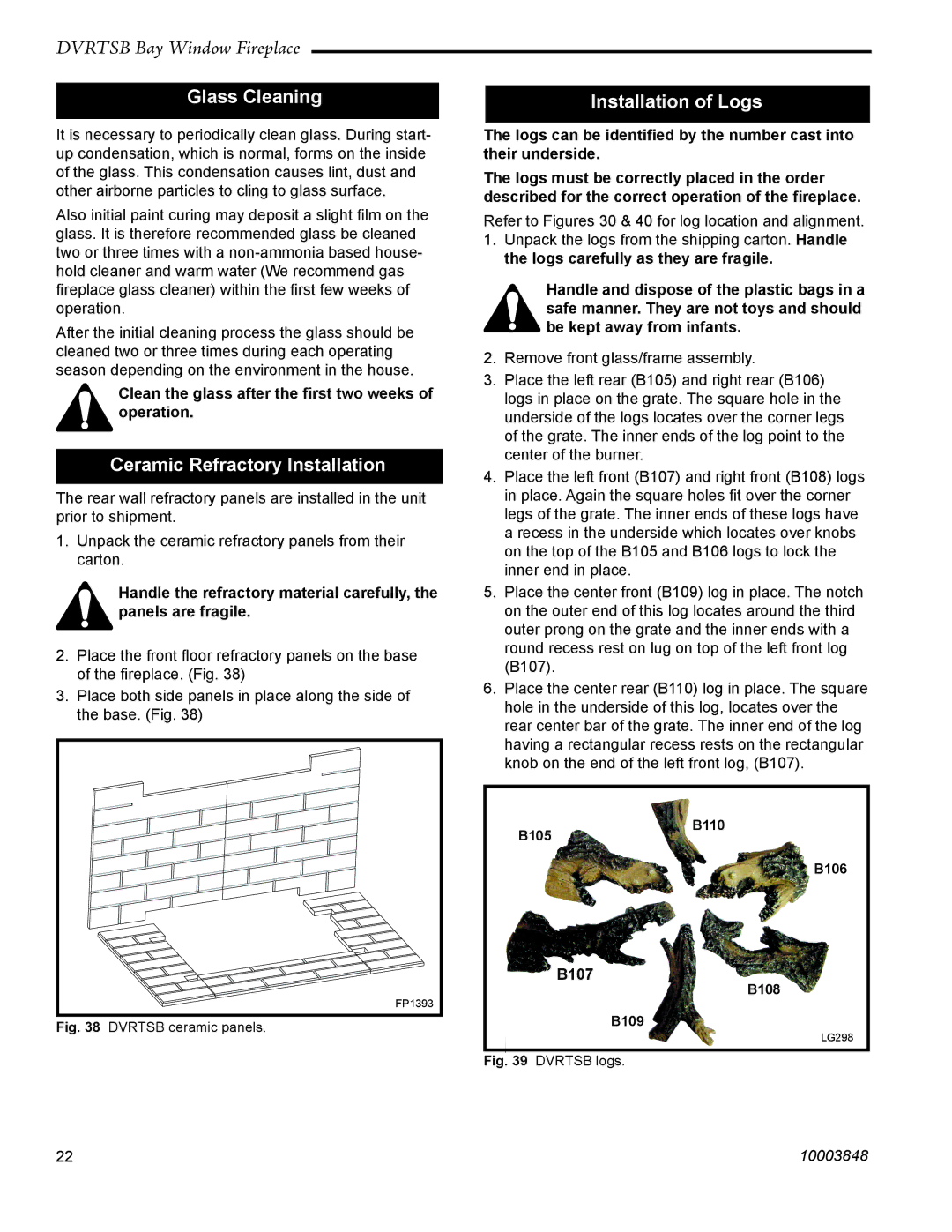 Vermont Casting DVRTSB manual Glass Cleaning, Ceramic Refractory Installation, Installation of Logs, B107 