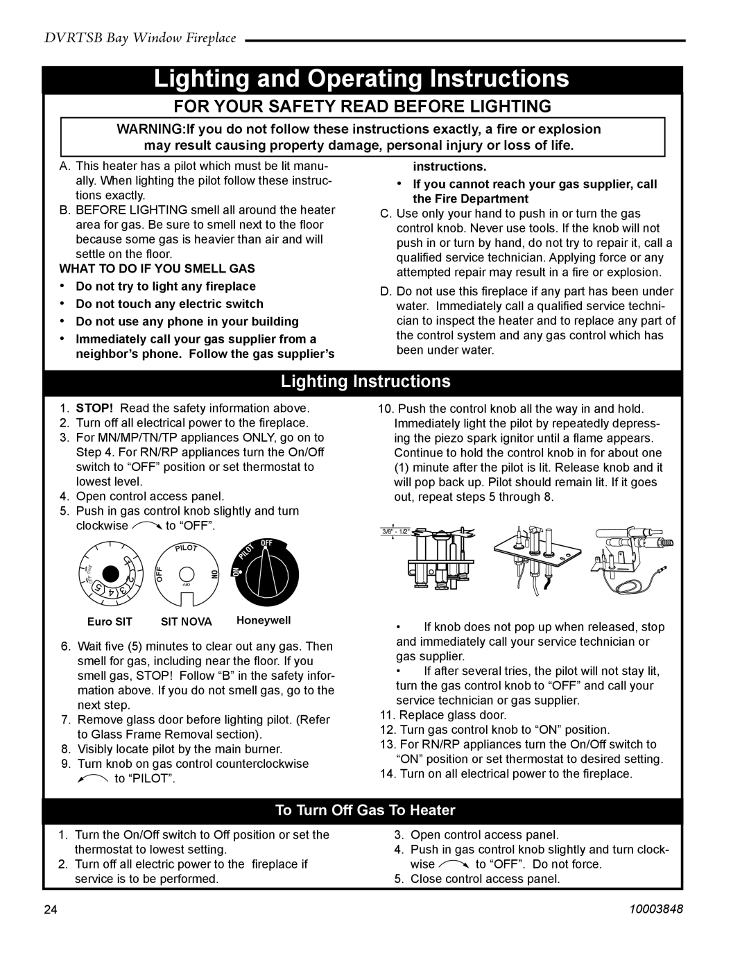 Vermont Casting DVRTSB manual Lighting and Operating Instructions, To Turn Off Gas To Heater 