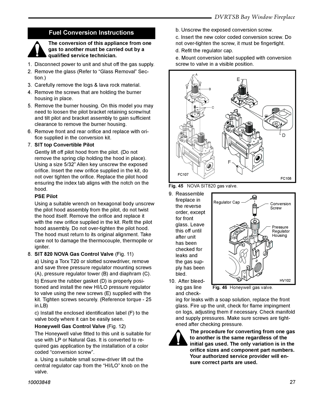 Vermont Casting DVRTSB Fuel Conversion Instructions, SIT top Convertible Pilot, PSE Pilot, Honeywell Gas Control Valve Fig 