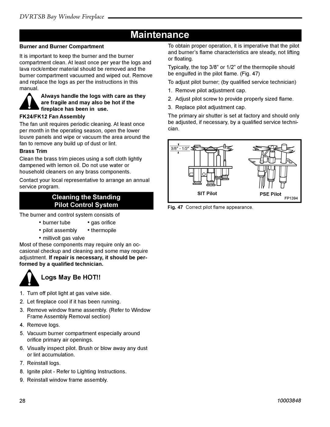 Vermont Casting DVRTSB manual Cleaning the Standing Pilot Control System, Burner and Burner Compartment, Brass Trim 