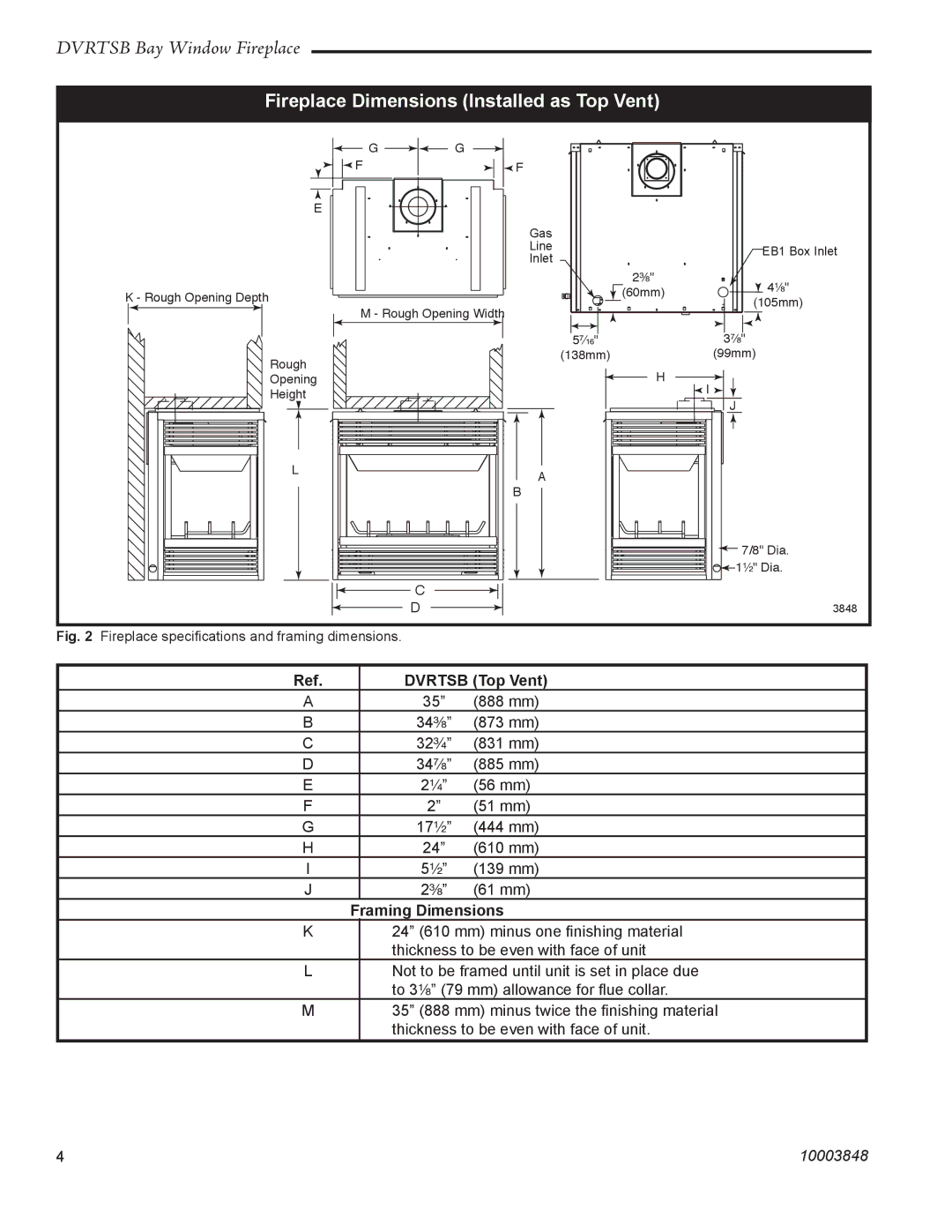 Vermont Casting DVRTSB manual Fireplace Dimensions Installed as Top Vent, Dvrtsb Top Vent, Framing Dimensions 