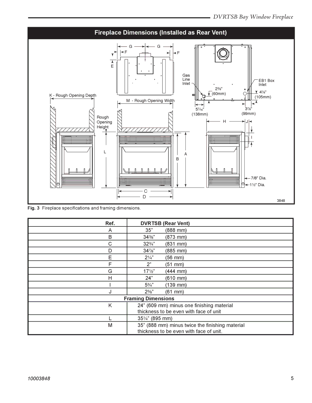 Vermont Casting DVRTSB manual Fireplace Dimensions Installed as Rear Vent, Dvrtsb Rear Vent 