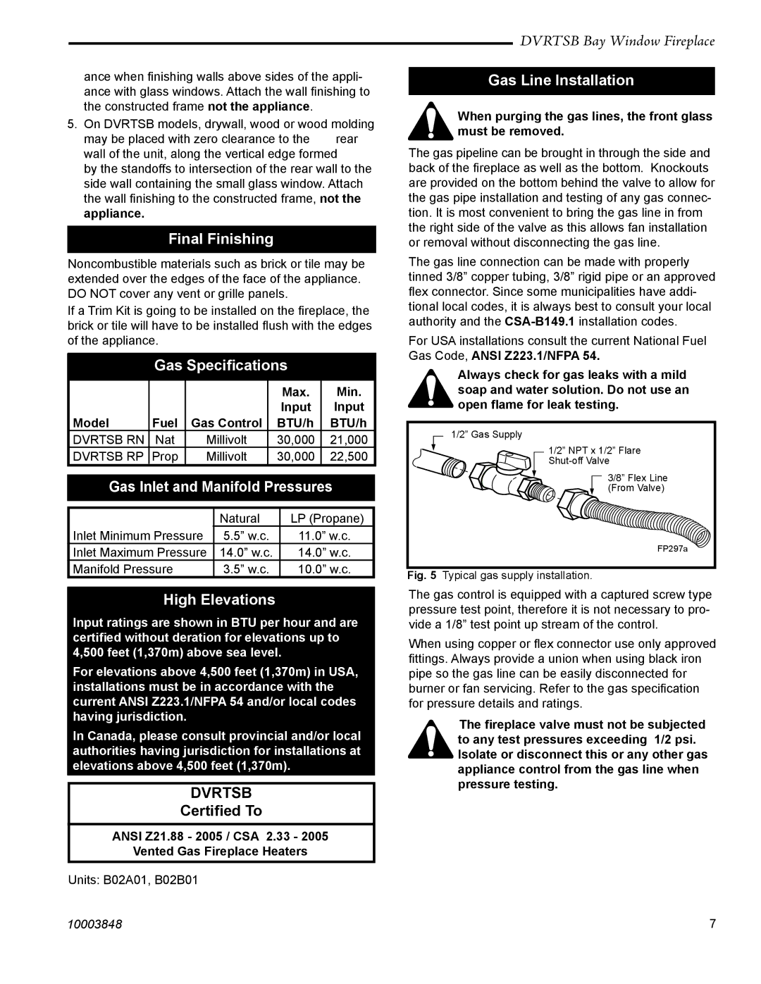 Vermont Casting DVRTSB manual Final Finishing, Gas Speciﬁcations, Gas Inlet and Manifold Pressures, High Elevations 