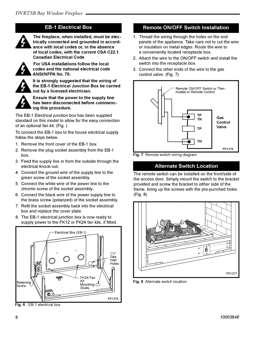 Vermont Casting DVRTSB manual EB-1 Electrical Box, Remote ON/OFF Switch Installation, Alternate Switch Location 