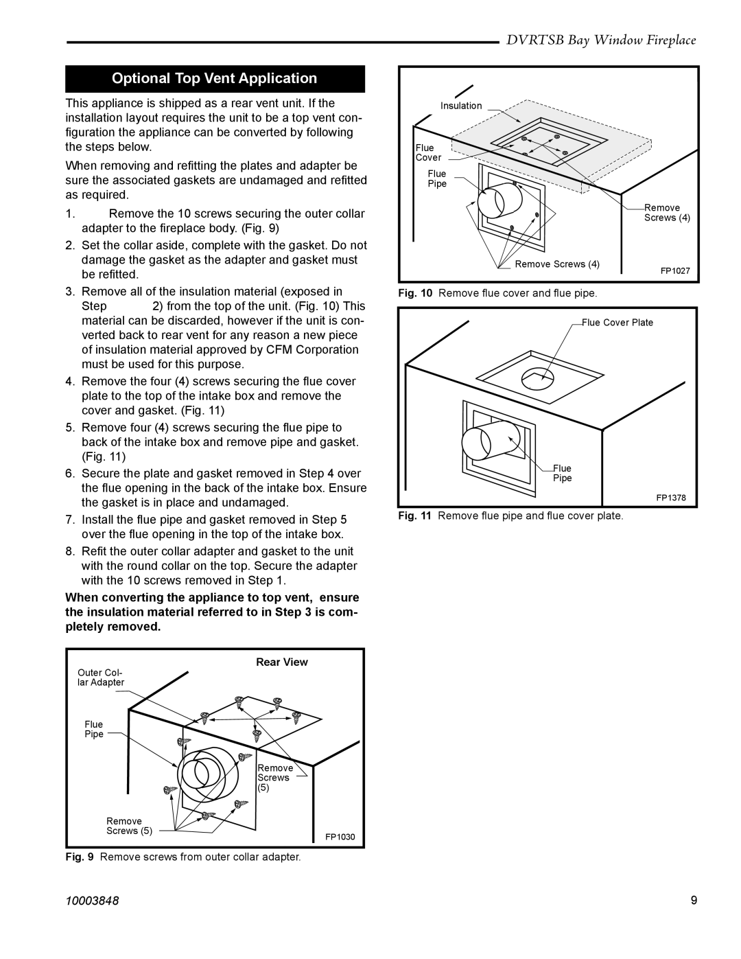 Vermont Casting DVRTSB manual Optional Top Vent Application, Remove ﬂue cover and ﬂue pipe 