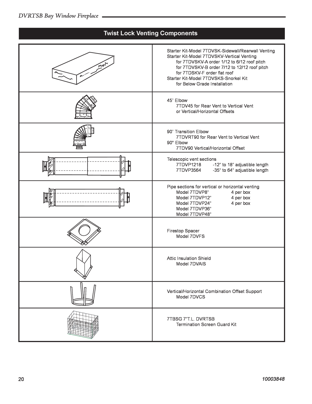 Vermont Casting manual Twist Lock Venting Components, DVRTSB Bay Window Fireplace, 10003848 