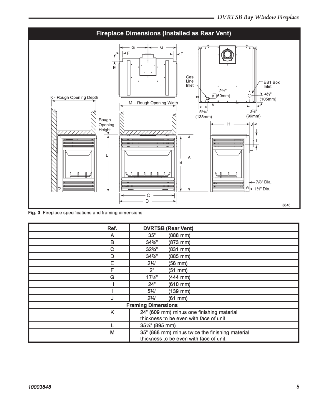 Vermont Casting Fireplace Dimensions Installed as Rear Vent, DVRTSB Bay Window Fireplace, DVRTSB Rear Vent, 10003848 