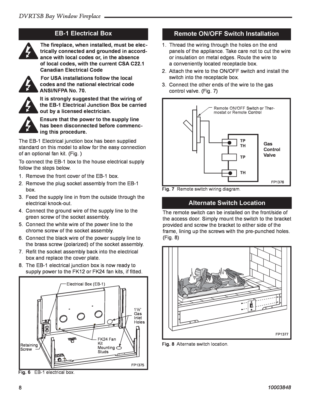 Vermont Casting DVRTSB manual EB-1Electrical Box, Remote ON/OFF Switch Installation, Alternate Switch Location, 10003848 