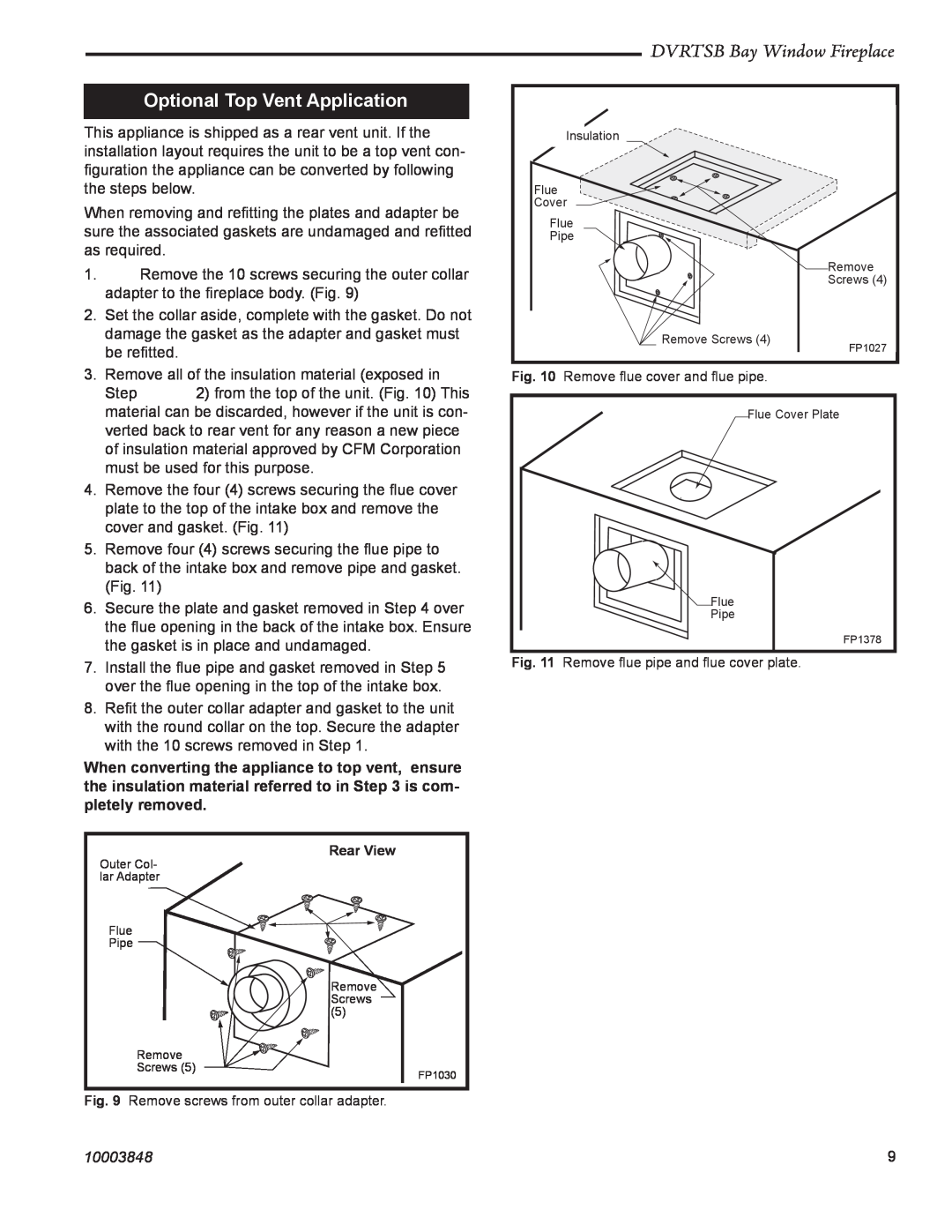 Vermont Casting manual Optional Top Vent Application, DVRTSB Bay Window Fireplace, 10003848 