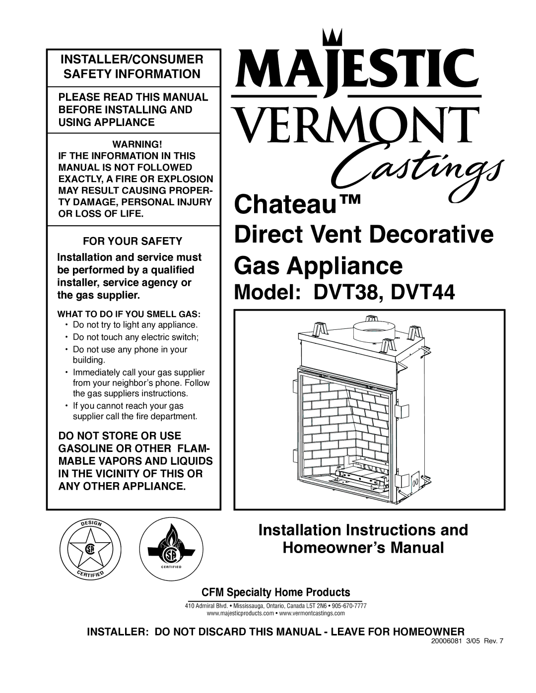 Vermont Casting DVT38 installation instructions INSTALLER/CONSUMER Safety Information, What to do if YOU Smell GAS 