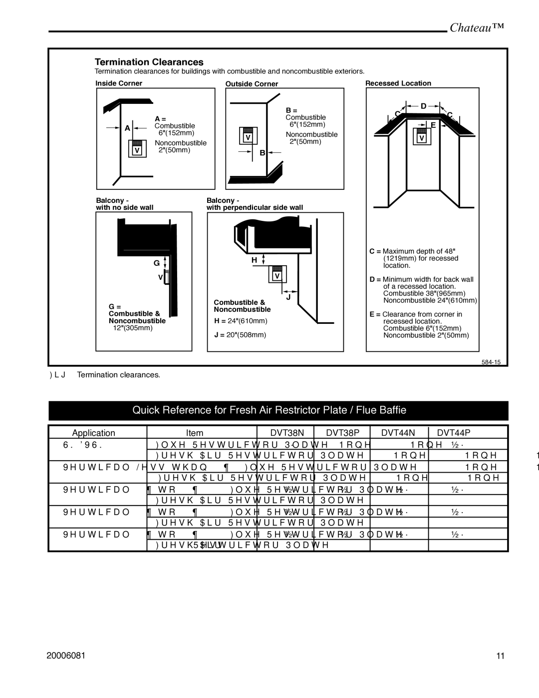 Vermont Casting DVT38 installation instructions Quick Reference for Fresh Air Restrictor Plate / Flue Bafﬂe 