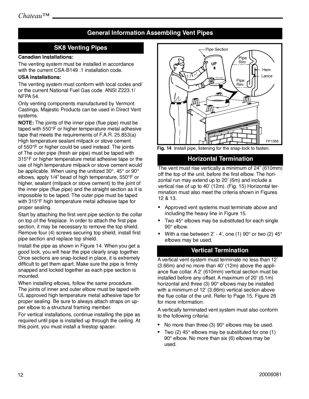 Vermont Casting DVT38 General Information Assembling Vent Pipes SK8 Venting Pipes, Horizontal Termination 