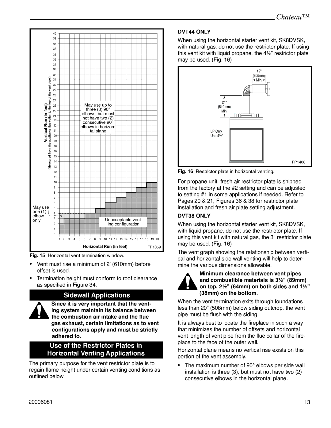 Vermont Casting installation instructions Sidewall Applications, DVT44 only, DVT38 only 