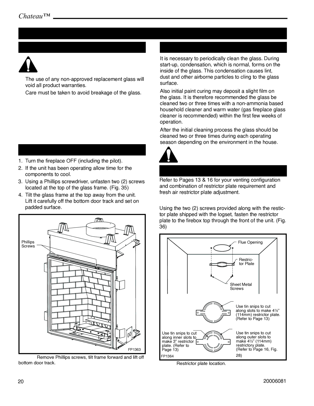 Vermont Casting DVT38 Operating Instructions, Glass Information Glass Cleaning, Glass Frame Assembly Removal 