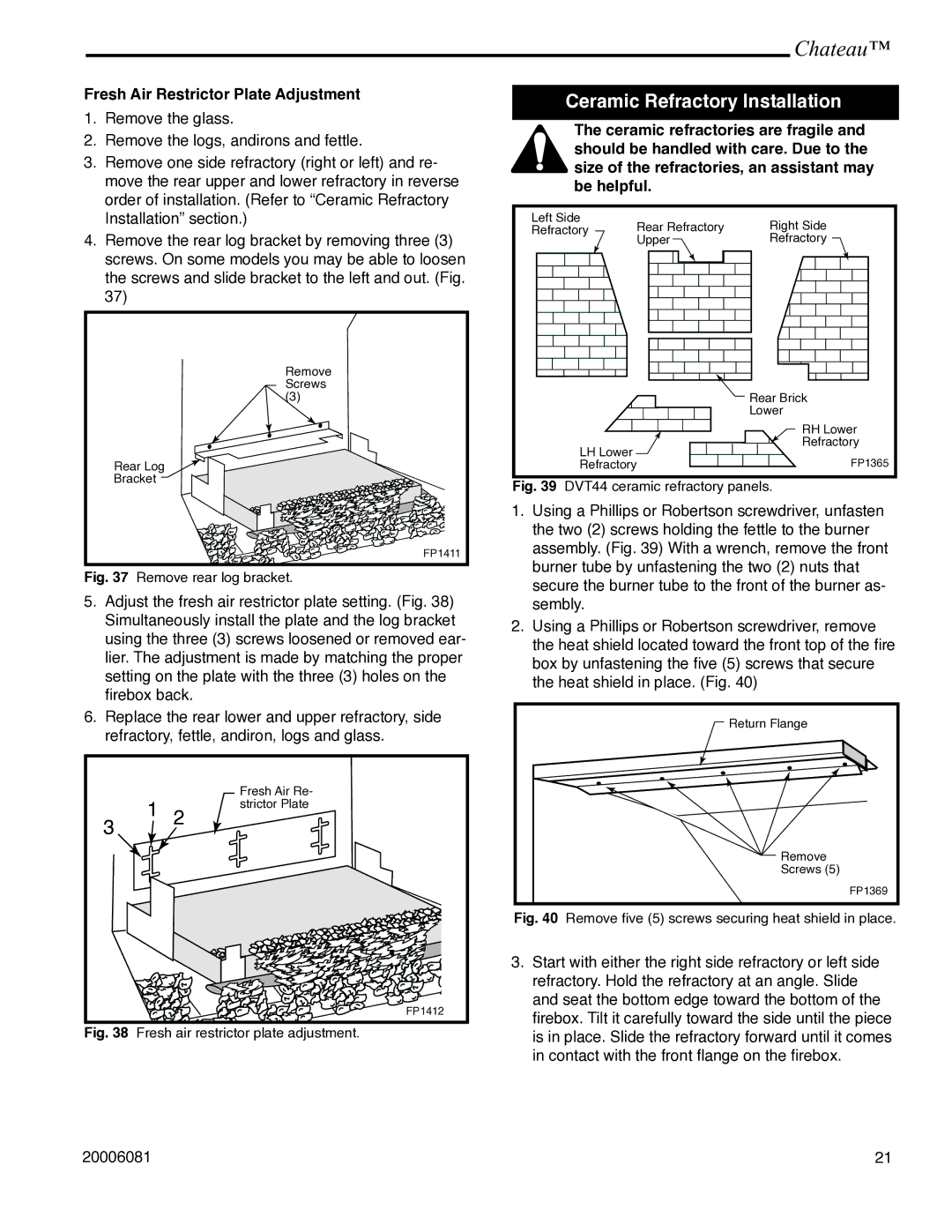 Vermont Casting DVT38 installation instructions Ceramic Refractory Installation, Fresh Air Restrictor Plate Adjustment 