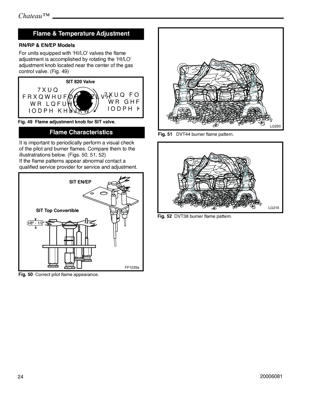 Vermont Casting DVT38 installation instructions Flame & Temperature Adjustment, Flame Characteristics, RN/RP & EN/EP Models 