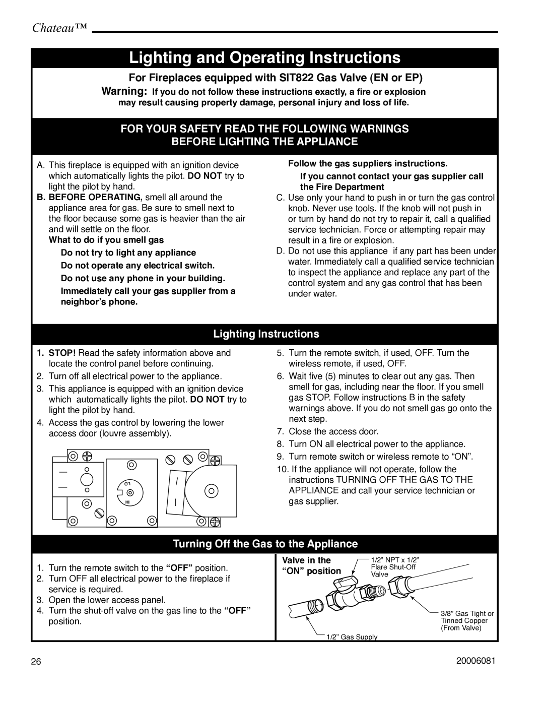 Vermont Casting DVT38 Lighting and Operating Instructions, Lighting Instructions, Turning Off the Gas to the Appliance 