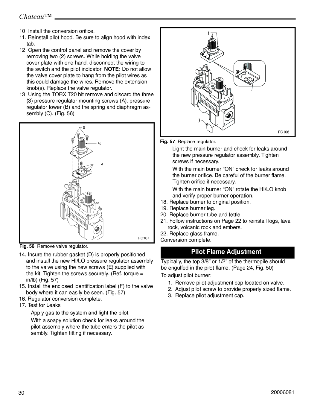 Vermont Casting DVT38 installation instructions Pilot Flame Adjustment, Remove valve regulator 