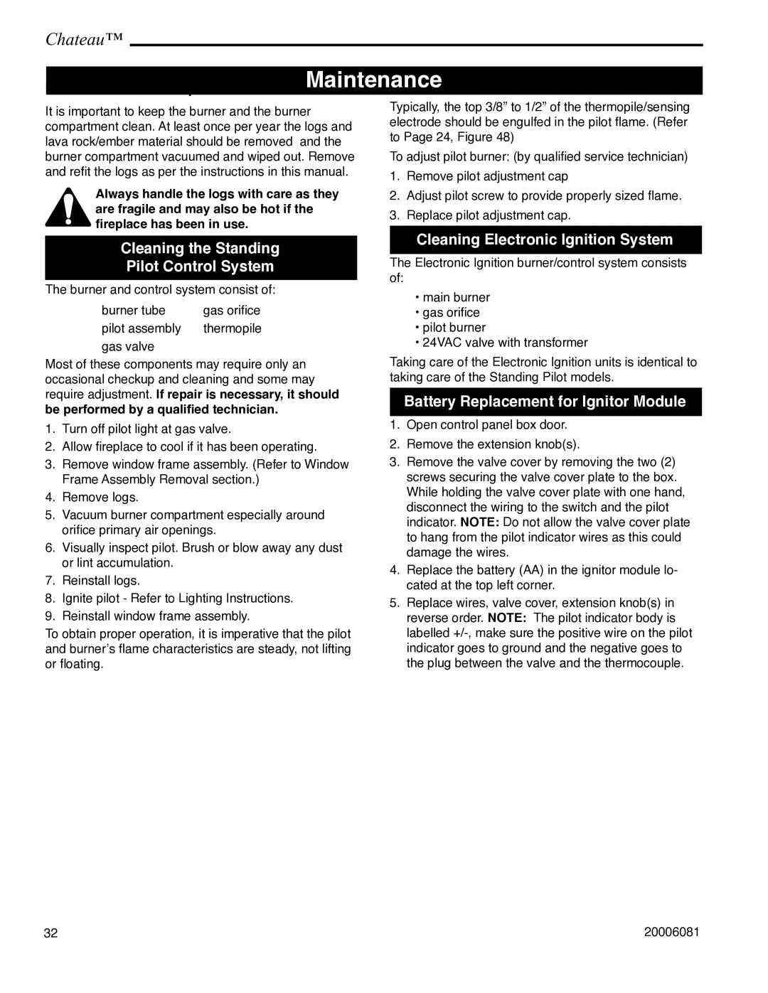 Vermont Casting DVT38 Maintenance, Cleaning the Standing Pilot Control System, Cleaning Electronic Ignition System 