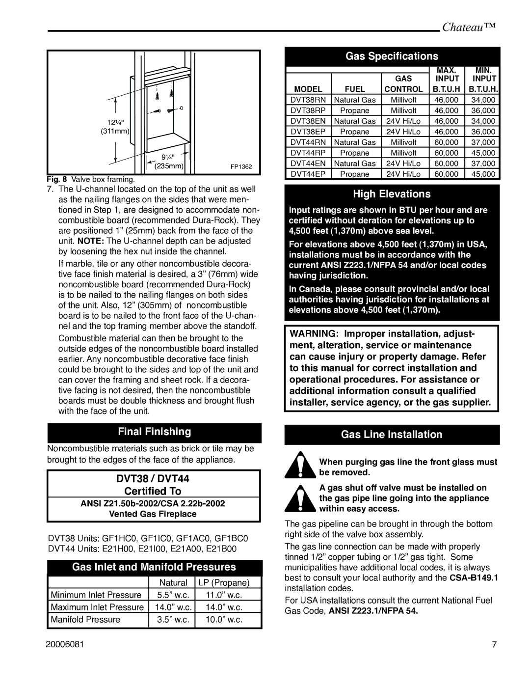 Vermont Casting DVT38 Final Finishing, Gas Inlet and Manifold Pressures, Gas Speciﬁcations, High Elevations 