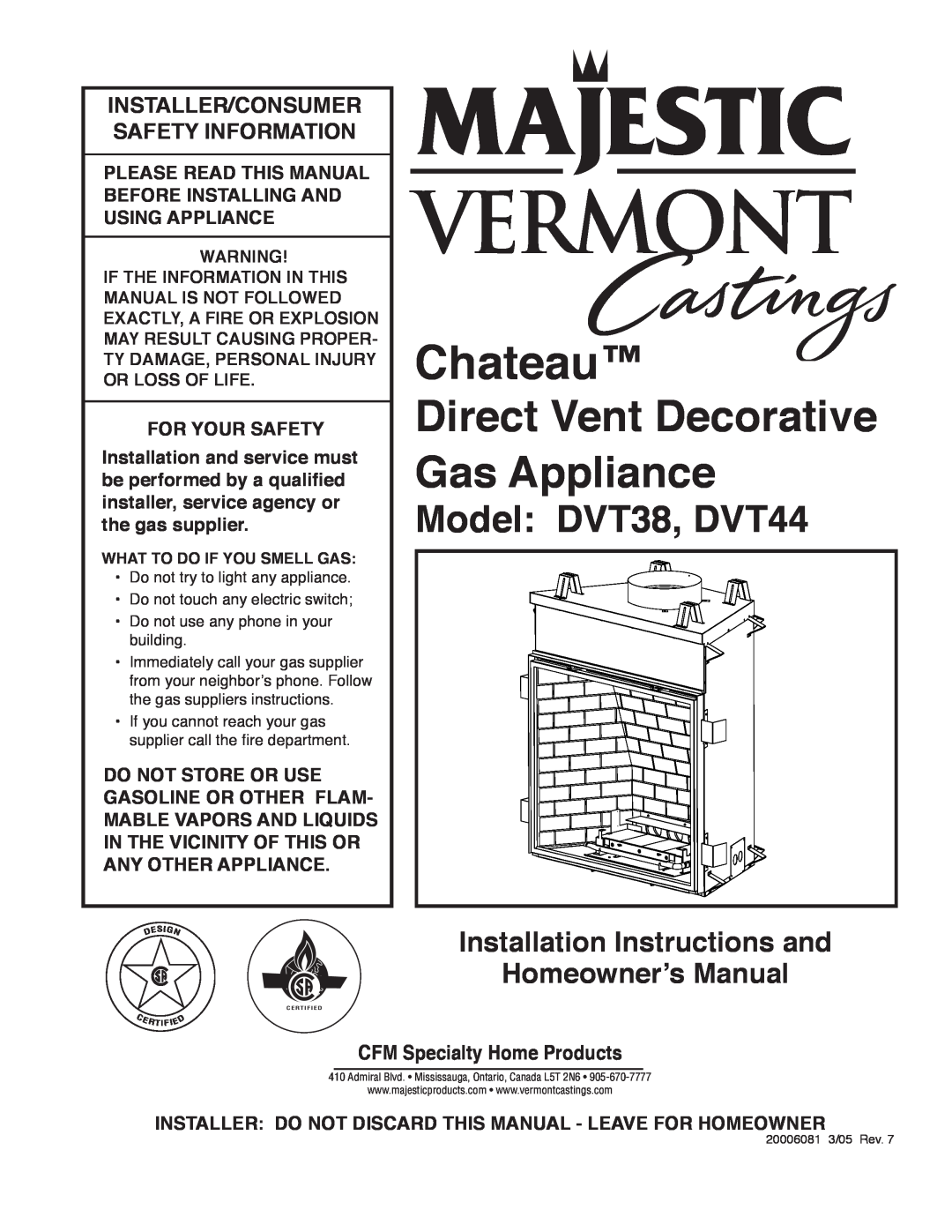 Vermont Casting installation instructions Model DVT38, DVT44, Installation Instructions and Homeownerʼs Manual, Chateau 
