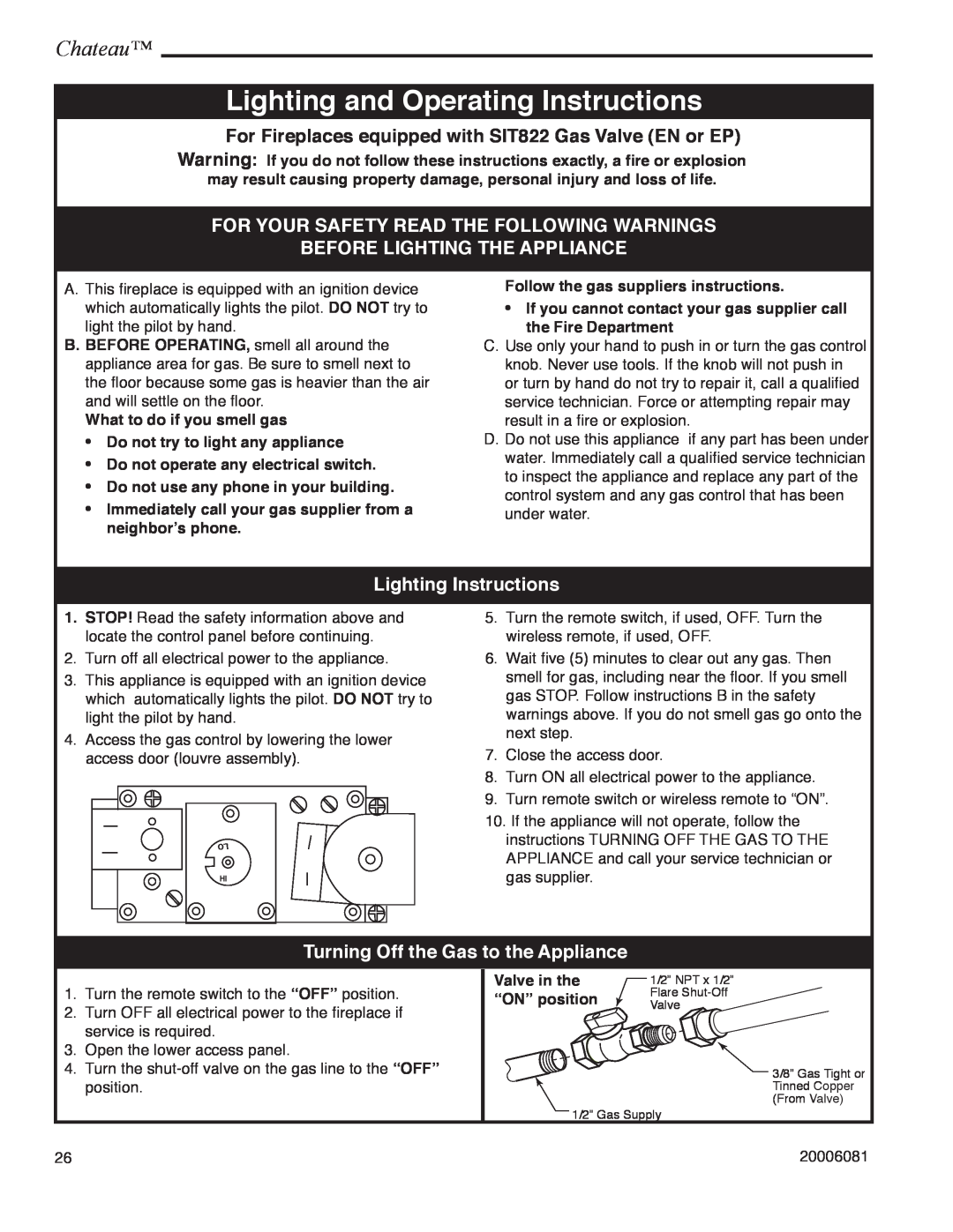 Vermont Casting DVT38 Lighting and Operating Instructions, For Your Safety Read The Following Warnings, Chateau 
