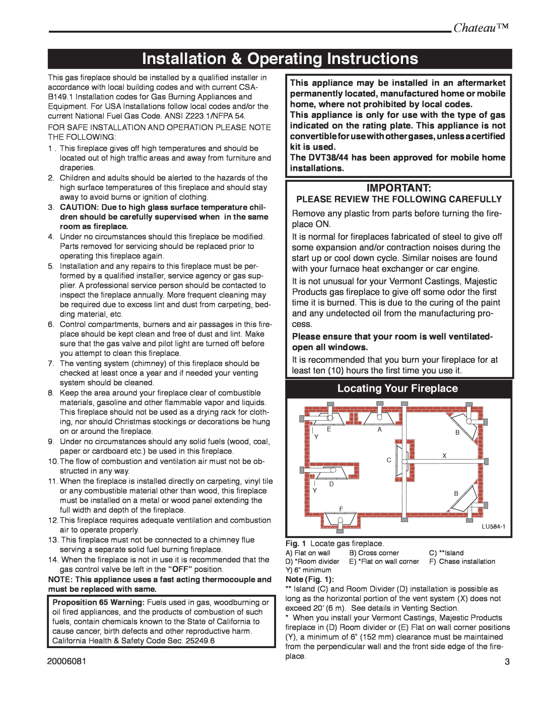 Vermont Casting DVT38 installation instructions Installation & Operating Instructions, Locating Your Fireplace, Chateau 