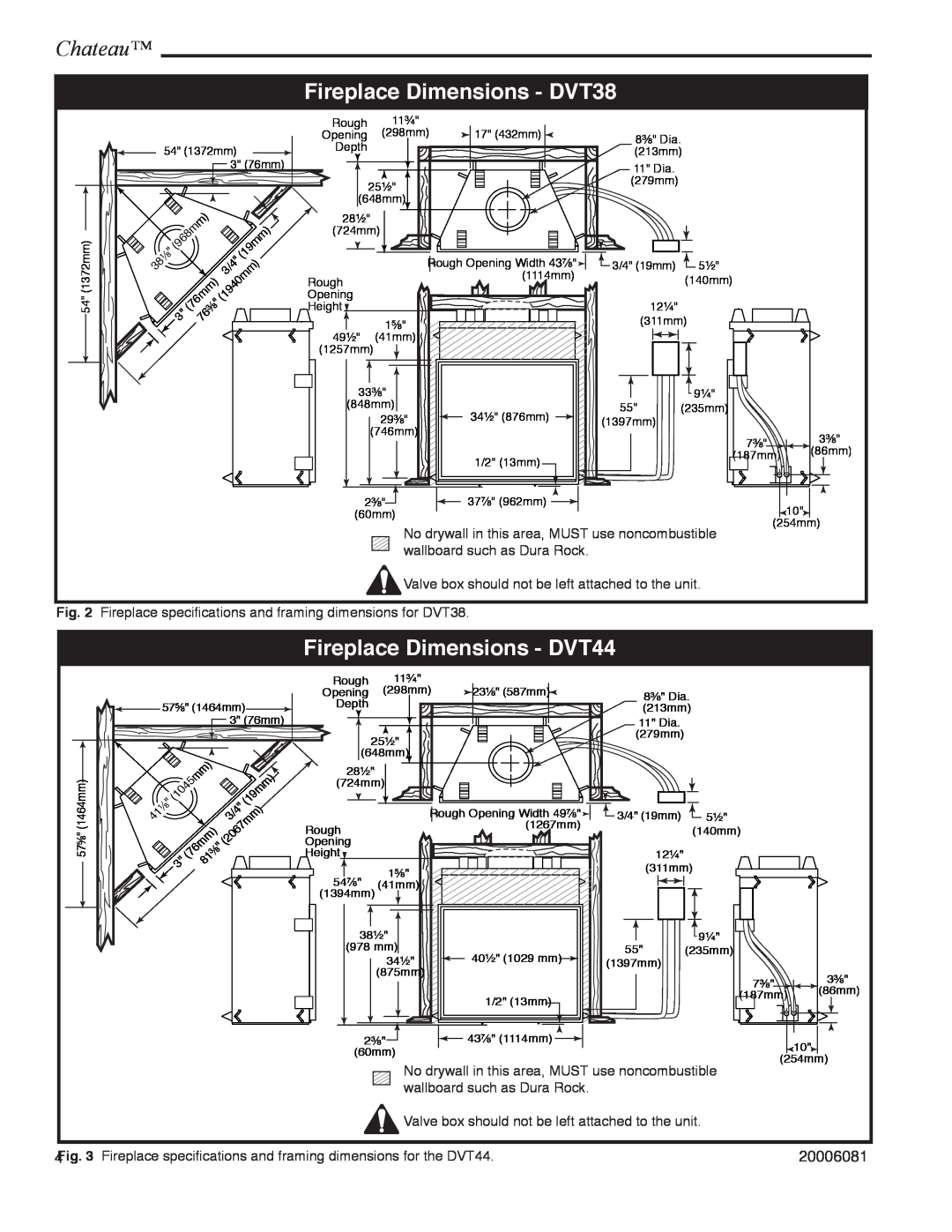 Vermont Casting installation instructions Fireplace Dimensions - DVT38, Fireplace Dimensions - DVT44, Chateau 