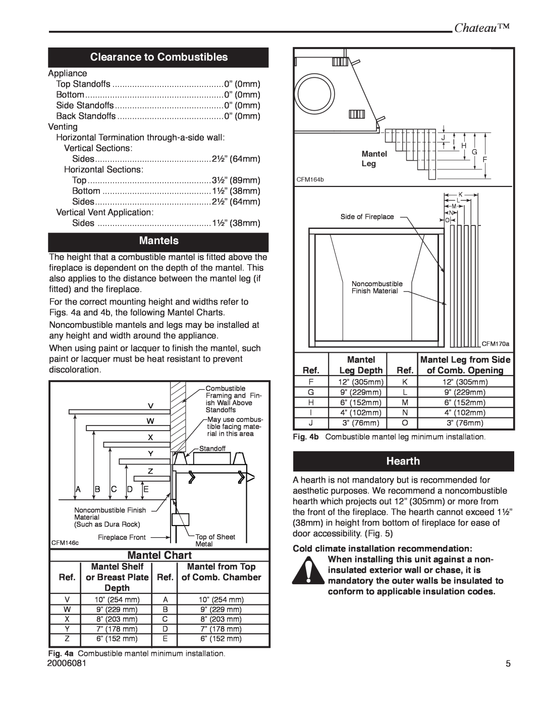 Vermont Casting DVT38 installation instructions Clearance to Combustibles, Mantels, Chateau, Chart, Hearth 